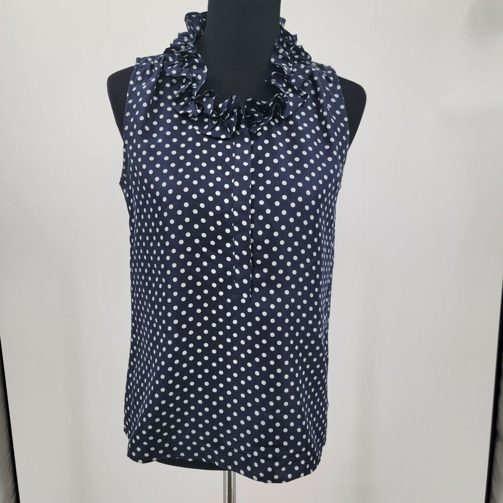 J.Crew Womens 4 Navy Blue White Dots 100% Silk Sleeveless Ruffle V-Neck Blouse